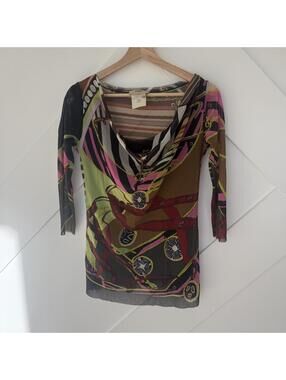Vintage Fuzzi Women's Medium Multi-Color Patterned Long Sleeve Top Y2K
